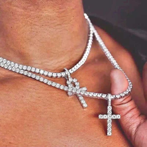 

pass diamond tester 925 sterling silver vvs moissanite diamond ankh cross pendant 4mm tennis chain necklace jewelry set