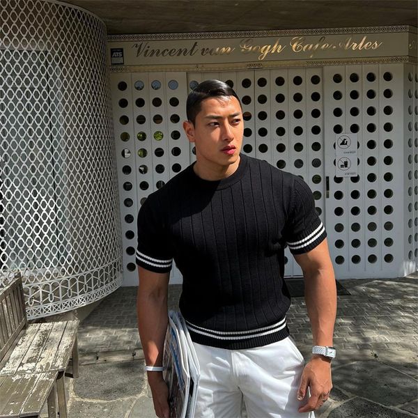 

men's t shirts kaus lengan pendek kasual gym pria kebugaran latihan rajutan garis garis ramping atasan pakaian mode 230510, White;black