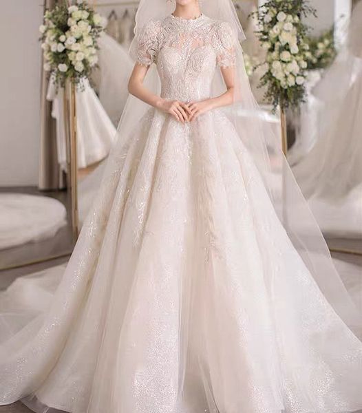 

luxury arabic wedding dresses high neck illusion sequined beaded applique backless train formal banquet vintage bridal gown, White