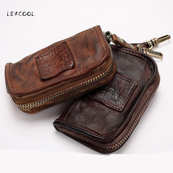 

bag organizer vintage handmade genuine leather key wallet men short zipper car card holder coin purse housekeeper for women 230509, Blue;pink