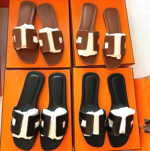 

brand sandals summer women flat heels beach h slippers real leather black white brown matte luxury party wedding slipper with dust ag 35-42