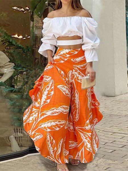 

women's two piece pants fashion women edible tree fungus leaf printed wide leg loose and off shoulder crop 2 set outfits 230509, White