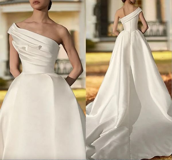 

classic one shoulder pleats a line wedding dresses ivory simple satin long court train bridal gowns boho minimalist plus size maternity part, White