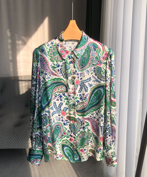 

spring summer long sleeve lapel neck paisley print 100% silk buttons single-breasted blouse women fashion shirt s3w10qxld, White