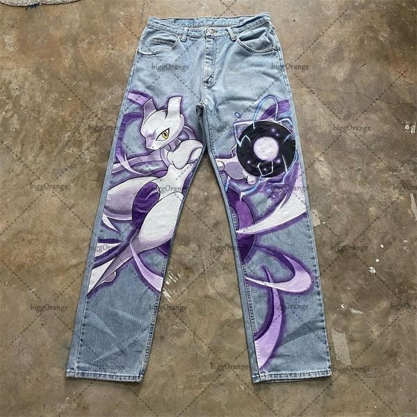 

men's jeans anime printing loose american street fashion oversized men y2k harajuku retro high straight wide leg pant 230509, Blue
