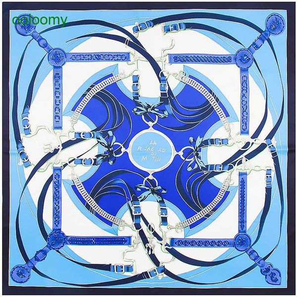 

hemres designer scarves maitong geometric belt chain twill simulation silk square women's shawl scarf, Blue;gray
