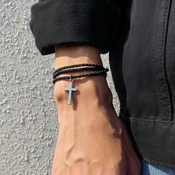 

multi layer woven cross bracelet mens fashion personality black ethnic style jewelry, Golden;silver