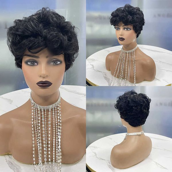 

hair wigs wavy human glueless rose curly fumi short bang brazilian afro kinky curl machine made perruque cheveux humain 230510, Black