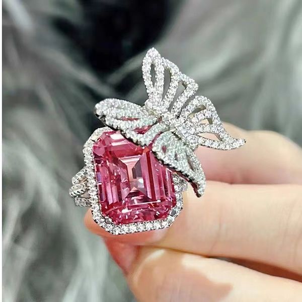 

luxury butterfly pink diamond ring 925 sterling silver party wedding band rings for women bridal promise engagement jewelry gift, Slivery;golden