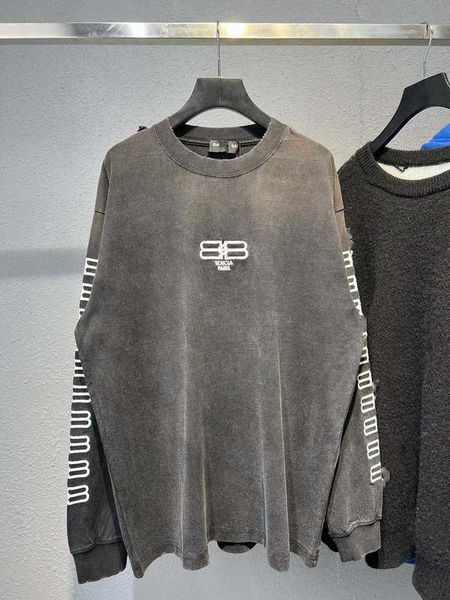

men's hoodies sweatshirts b's sleeve bb embroidery damaged worn washed and men's women's os loose long t-shirt jc64, Black