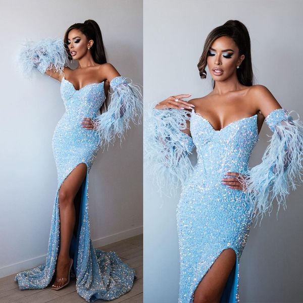 

glamorous mermaid prom dresses sweetheart sequined feathers side split zipper pleats court gown custom made plus size evening party dress ve, Black