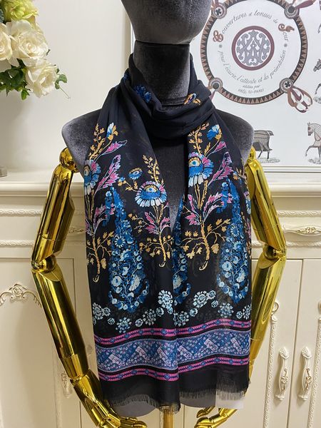 

women's long scarf scarves double layer 100% silk material thin and soft black print flowers pattern size 180cm -25cm, Blue;gray