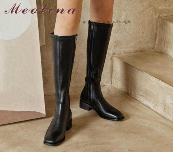 

boots meotina knee high women shoes real leather mid heel ladies zip square toe block heels long autumn winter brown15440916, Black