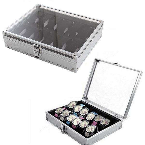 

watch boxes cases 12 grid slots useful jewelry wrist es holder display storage aluminium luxury square case organizer 230509, Black;blue
