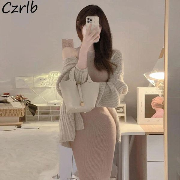 

dress knitted 2 piece sets women loose solid elegant sweater sheath kneelength vestido allmatch stretchy female autumn stylish cozy, White