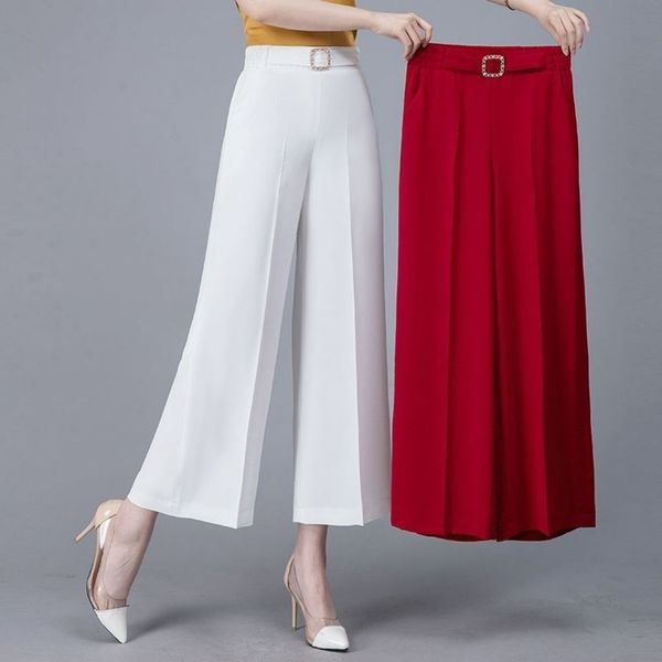 

women's pants capris office lady fashion spring summer wide leg pants korean women elastic high waist casual loose ankle-length straigh, Black;white