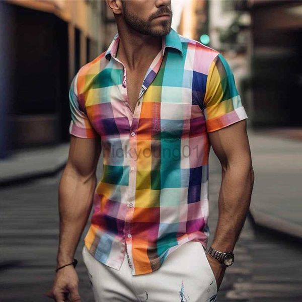 

men's casual shirts men's plaid stripes print summer short sleeve fashion street hawaiian for men oversized mens clothes beach par, White;black