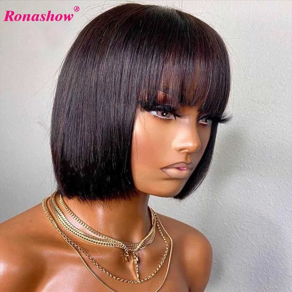 

hair wigs straight bob human with bang virgin full machine made short brazilian for woman 14 inch 230510, Black