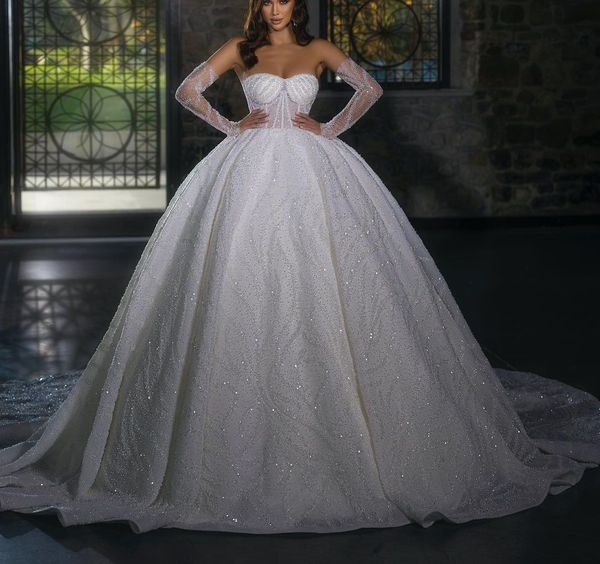 

stylish ball gown wedding dresses v neck long sleeves sequins appliques beaded floor length ruffles 3d lace zipper sparkly bridal gowns plus, White