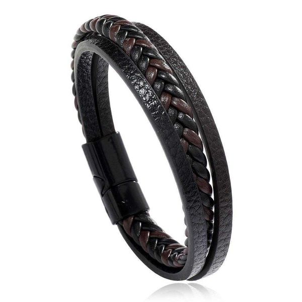 

simple fashion woven leather bracelet multi layer rope vintage mens magnetic snap wholesale, Golden;silver