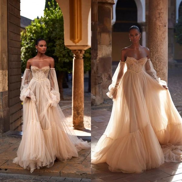 

julie vino 2023 vintage tulle wedding dresses boho long sleeve off the shoulder beaded bridal gowns a line beach vestido de noiva, White