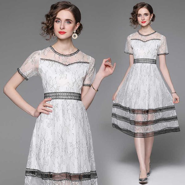 

lace summer new temperament fairy dress with small fragrance waist closing and thin short sleeve, Black;gray