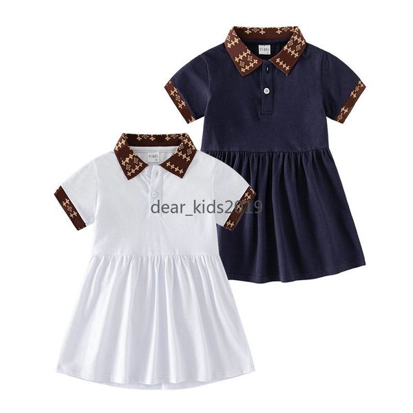 

Summer Kids Girl Dress Turn-down Collar Short Sleeve A-line Fashion Princess Dresses Cotton Casual Childrens Designers Clothes Dresses 1-6T, Blue
