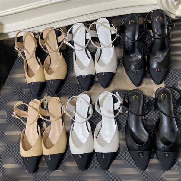 

7cm ladies womens dress shoes interlocking c high heels sandals real leather heeled flat loafers mules spring autumn pointed toe slingback s, Black