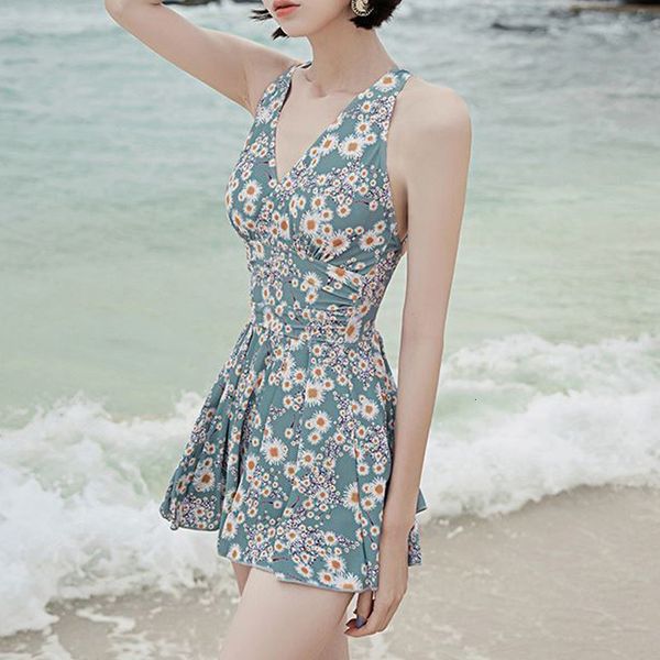 

women's swimwear 2023 women floral print ruched sweet swimsuit summer v neck push up beach mini dress slim bathing suits 230510, White;black