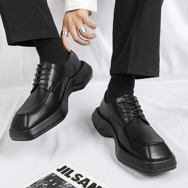 

dress shoes fashion platform leather men square toe derby casual loafters male business formal streetwear 230509, Black