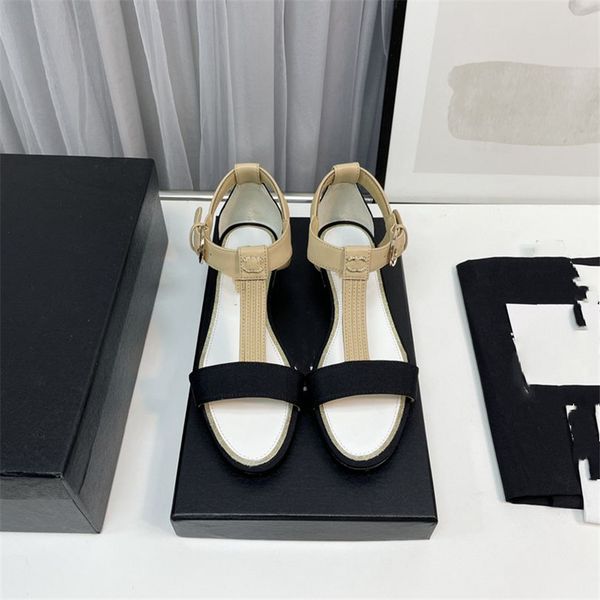 

luxury design sandals 2023 fashion channel women summer high heels leather cross lace up student casual slippers 011-012, Black