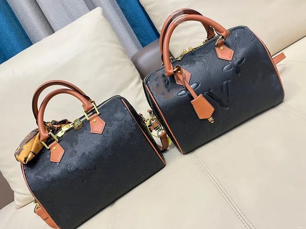 

mt m45840 women designer speedy bandouliere 25 bag travel tote pillow bags black embossed monograms leather crossbody double handle purse wa