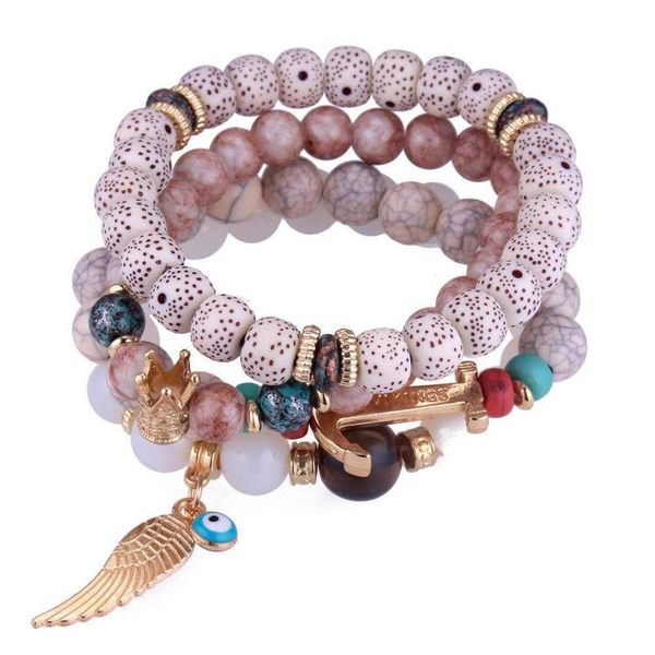 

womens bracelet strands handmade diy beaded layered retro alloy wings crown elastic wholesale, Black
