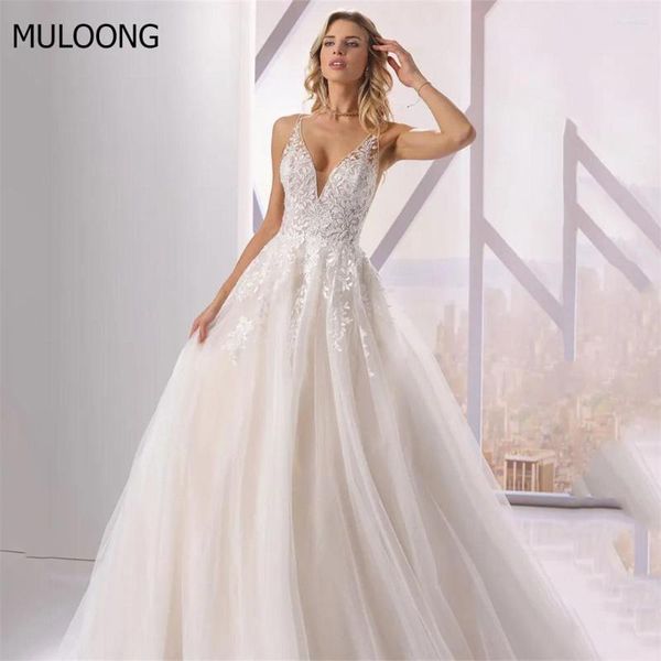 

wedding dress muloong white elegant sweetheart spaghetti strap appliques backless lace floor length sweep train 2023