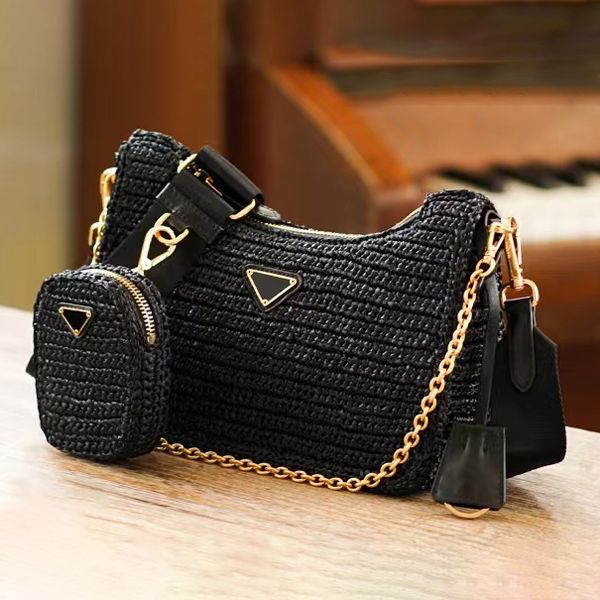 

3piece triangle weave straw prad raffias beach bags womens luxury mens designer tote purse summer fashion shoulder bag crossbody duffle slin