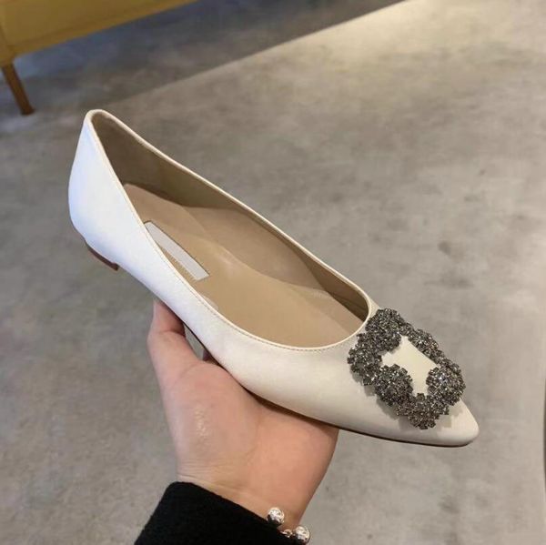 

brand dress shoes new wedding shoes classic snowflake buckle crystal pointed satin flat shoes single woman, Black