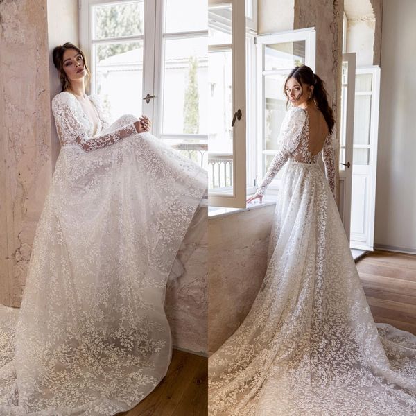 

julie vino 2023 wedding dresses boho long sleeve lace appliqued beaded bridal gowns sheer v neck vestido de noiva, White