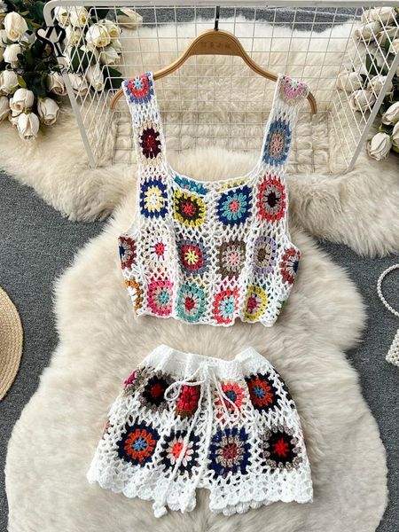 

dress singreiny summer knit beach sets women french sleeveless short knit camis+wide leg mini pants fashion retro two piece suits, White