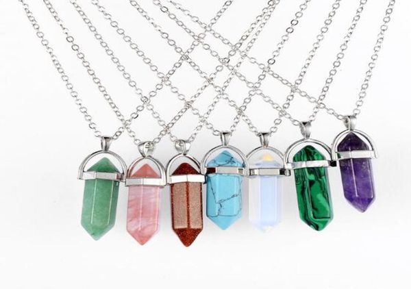 

jln hexagonal gemstone pendant crystal quartz amethyst black onyx prism bullet shape stone necklace with 18 inches brass chain5135711, Silver