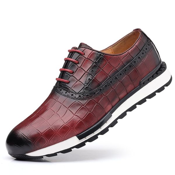 

high grade men full gain leather casual dialy sneakers crocodile design nature leather comfortable height increasing shoes a21, Black