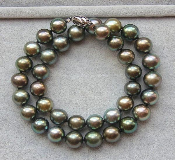 

new fine pearl jewelry elegant 1011mm tahitian round black green pearl necklace 18inch3602529, Silver