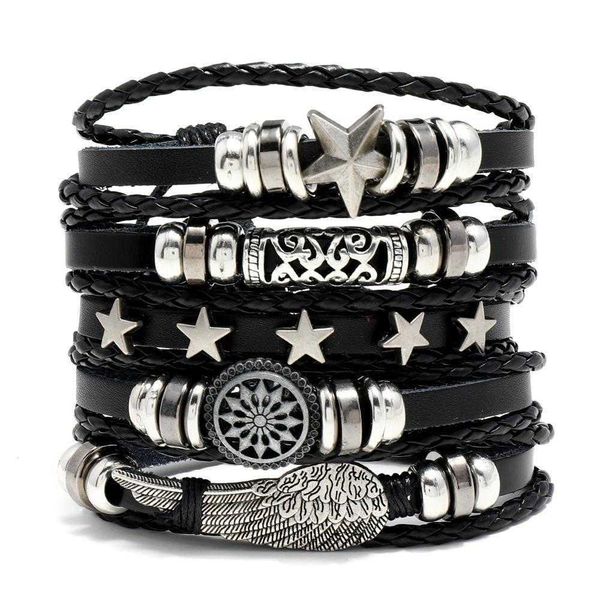 

punk jewelry wholesale strand personalized beaded multi layer leather bracelet set combination men, Black
