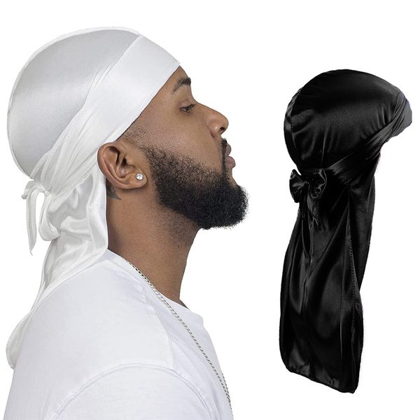 

silky durags bandanas turban hat wigs doo men satin durag biker headwear headband hair accessories extra long tail du-rag, Black;brown