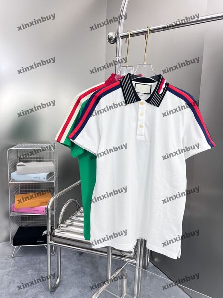 

xinxinbuy men designer tee t shirt 23ss paris letter jacquard collar shoulder ribbon short sleeve cotton women white green m-2xl, Black;brown