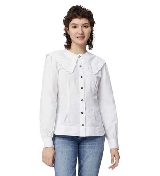 

gan 23ss women designer shirt silk casual versatile doll neck white ruffle collar long sleeve shirt