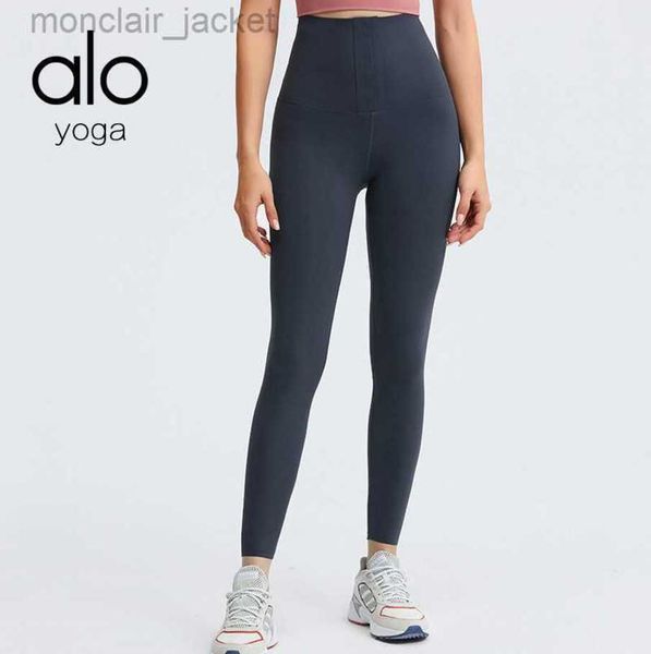 

desginer alos yoga leggings pants with molded waist buttons high waist gathered fitness pants outdoor sports high elastic leggings, Black