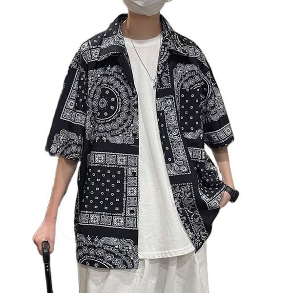 

men's dress shirts kemeja bandana pria wanita kaus jalanan kemeja paisley hip hop lengan pendek baju pantai pakaian pria harajuku 2023, White;black