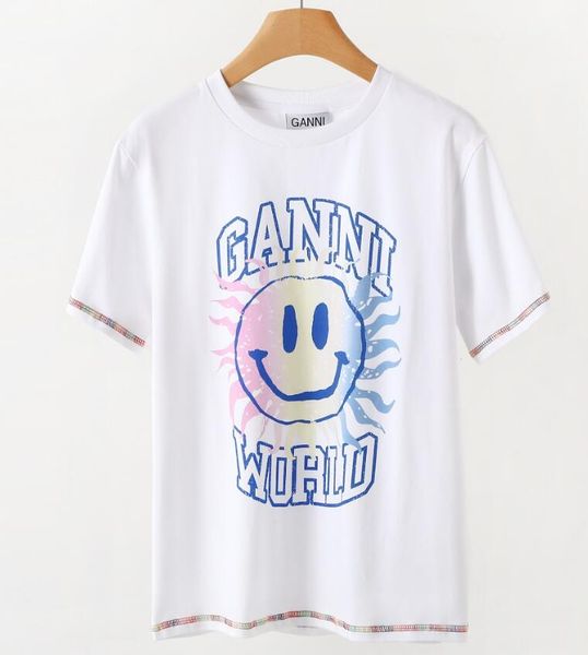 

designer t shirt summer short sleeve sun smile print ganni women tshirt tee, White