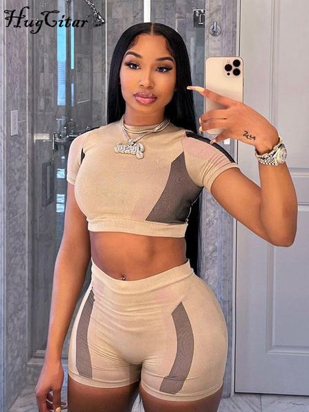 

dress hugcitar summer fashion o neck short sleeves patchwork crop t shirt shorts 2 pieces set women clothes streetwear sports, White