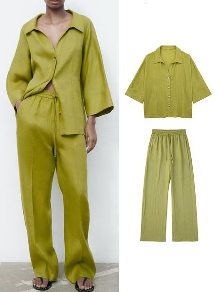 

women's two piece pants traf loose women solid blouse sets 2023 summer casual thin long sleeve single breasted drawstring elastic wais, White